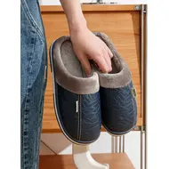 Big Size Winter Casual Men's Slippers Indoor Waterproof PU Leather Home Shoes Fur Flat Warm Fashion Bedroom Houseshoes 975