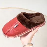 Big Size Winter Casual Men's Slippers Indoor Waterproof PU Leather Home Shoes Fur Flat Warm Fashion Bedroom Houseshoes 975