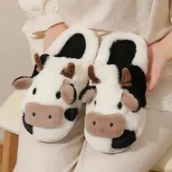 New Winter Unisex Cartoon Cow Warm Plush Slippers Couple's Indoor Non-slip House Slides Men And Women Toe Wrap Home Cotton Shoes 1019