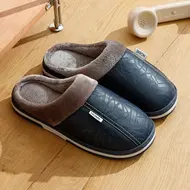 Big Size Winter Casual Men's Slippers Indoor Waterproof PU Leather Home Shoes Fur Flat Warm Fashion Bedroom Houseshoes 975