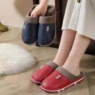 Big Size Winter Casual Men's Slippers Indoor Waterproof PU Leather Home Shoes Fur Flat Warm Fashion Bedroom Houseshoes 975