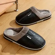 Big Size Winter Casual Men's Slippers Indoor Waterproof PU Leather Home Shoes Fur Flat Warm Fashion Bedroom Houseshoes 975