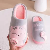 Women Winter Warm Slippers Cartoon Cat Shoes Furry Plush Slides Round Toe Flats Indoor Home Bedroom Floor Slippers Ladies Shoe 970