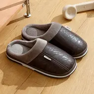 Big Size Winter Casual Men's Slippers Indoor Waterproof PU Leather Home Shoes Fur Flat Warm Fashion Bedroom Houseshoes 975