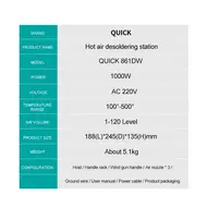 QUICK Original 861DW 1000W Heat Gun Lead Free Hot Air Soldering Station Rework Station+Nozzle With Replace Hot Gun Handle Core 1030