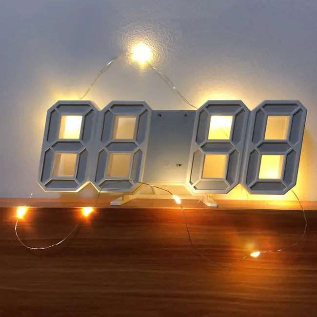 ​3D Led Wall Clock Date Temperature Display Digital Alarm Clock for Home Living Room Office Warehouse - Yellow 641_14666