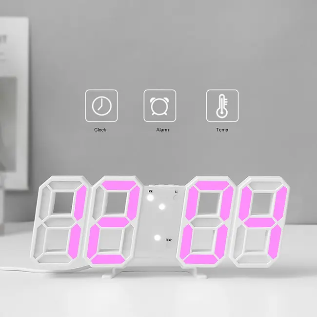 ​3D Led Wall Clock Date Temperature Display Digital Alarm Clock for Home Living Room Office Warehouse - Yellow 641_14664