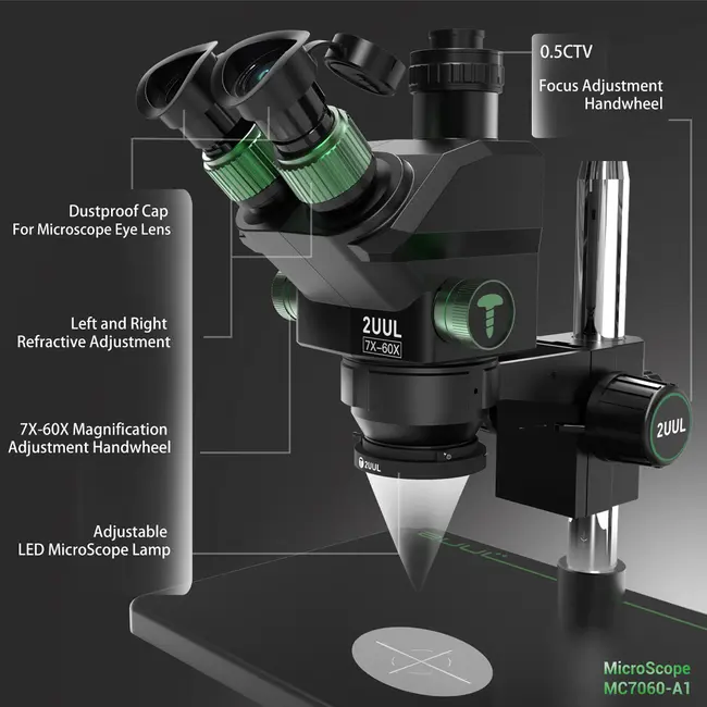 2uul MicroScope MC7060-A1 7-60X Synchronous Zoom Trinocular Microscope for PCB Micro-Work 856_16510