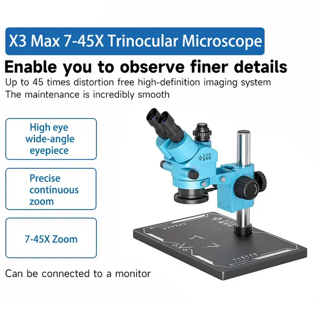 Xinzhizao X3 Max 7-45X Synchronous Zoom Trinocular Stereo Microscope with Aluminum Alloy Base Mobile Phone, and Computer Repair 806_16072