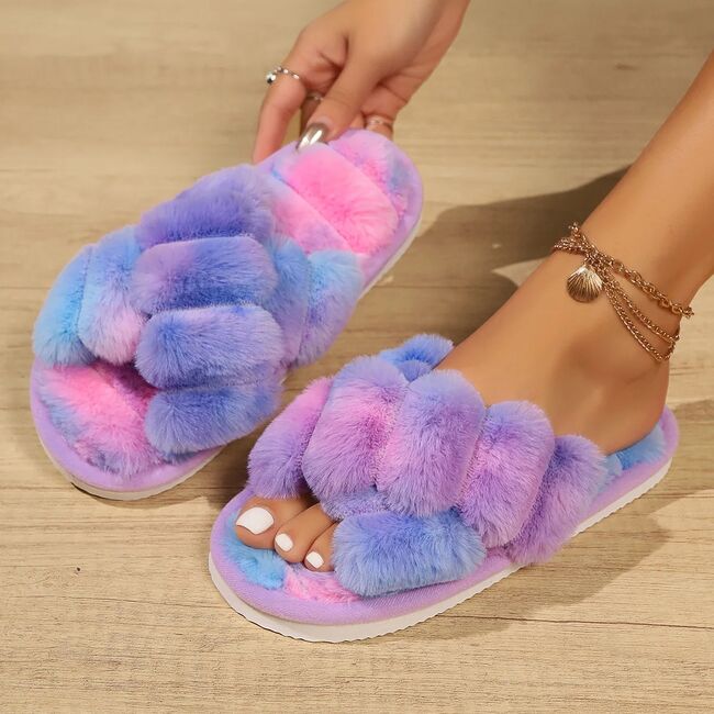 Popular Cross Furry Slippers Female Fluffy Slides Autumn Winter Outdoor Fashion Sexy EVA Light Flip Flops Sweat Soft Flat Shoes 958_17747