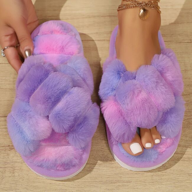 Popular Cross Furry Slippers Female Fluffy Slides Autumn Winter Outdoor Fashion Sexy EVA Light Flip Flops Sweat Soft Flat Shoes 958_17749