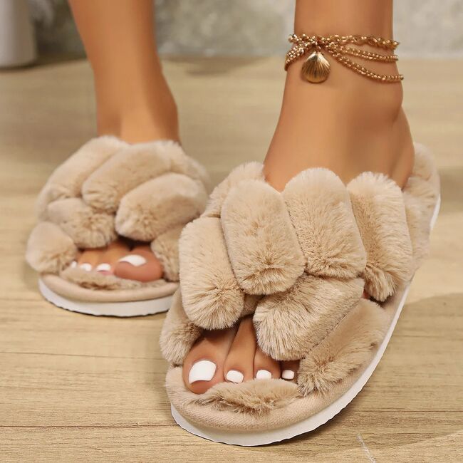 Popular Cross Furry Slippers Female Fluffy Slides Autumn Winter Outdoor Fashion Sexy EVA Light Flip Flops Sweat Soft Flat Shoes 958_17757