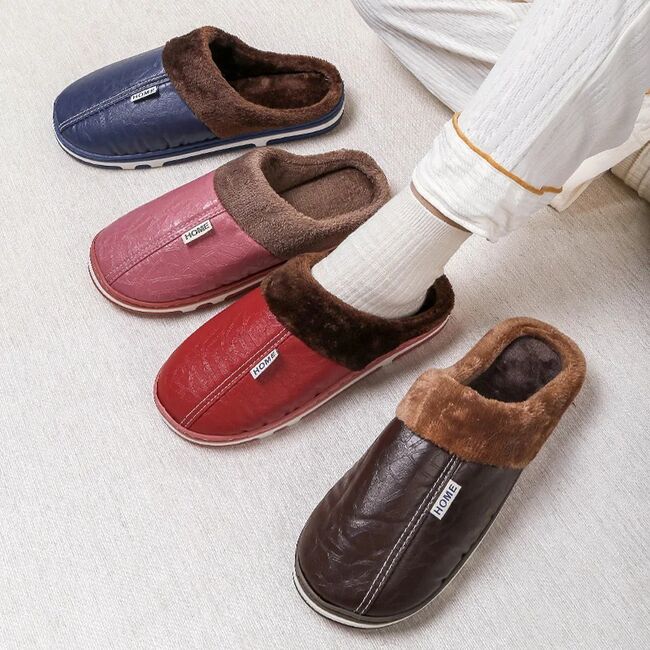 Big Size Winter Casual Men's Slippers Indoor Waterproof PU Leather Home Shoes Fur Flat Warm Fashion Bedroom Houseshoes 975_18145