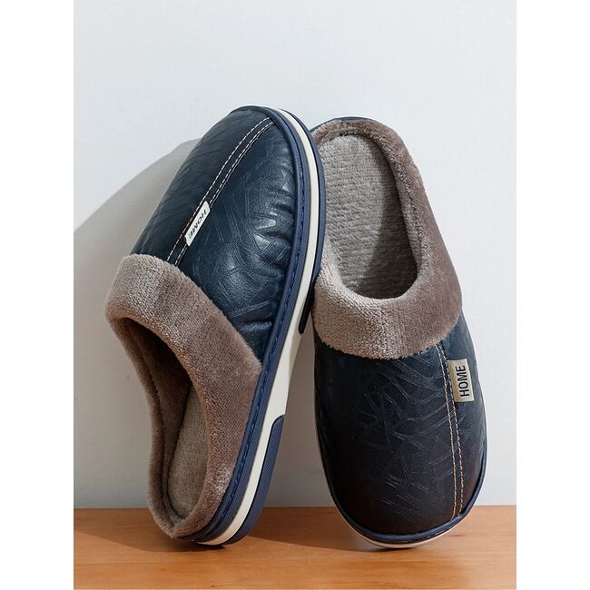 Big Size Winter Casual Men's Slippers Indoor Waterproof PU Leather Home Shoes Fur Flat Warm Fashion Bedroom Houseshoes 975_18141