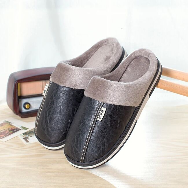Big Size Winter Casual Men's Slippers Indoor Waterproof PU Leather Home Shoes Fur Flat Warm Fashion Bedroom Houseshoes 975_18143