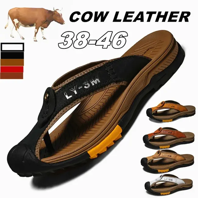 Genuine Cow Leather Shoes Men Sandals Mens Flip Flops Men's Casual Shoes Classic Massage Beach Slippers Anti-slip Summer 994_18485