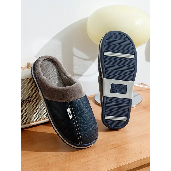 Big Size Winter Casual Men's Slippers Indoor Waterproof PU Leather Home Shoes Fur Flat Warm Fashion Bedroom Houseshoes 975_18144