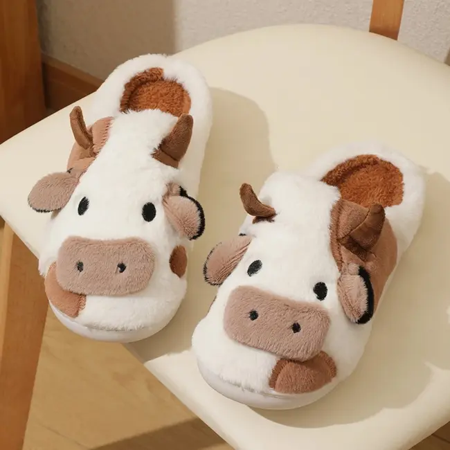 New Winter Unisex Cartoon Cow Warm Plush Slippers Couple's Indoor Non-slip House Slides Men And Women Toe Wrap Home Cotton Shoes 1019_18923