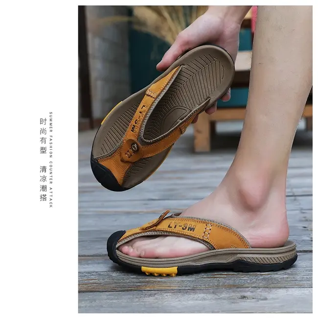 Genuine Cow Leather Shoes Men Sandals Mens Flip Flops Men's Casual Shoes Classic Massage Beach Slippers Anti-slip Summer 994_18500