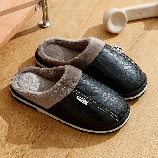 Big Size Winter Casual Men's Slippers Indoor Waterproof PU Leather Home Shoes Fur Flat Warm Fashion Bedroom Houseshoes 975_18134