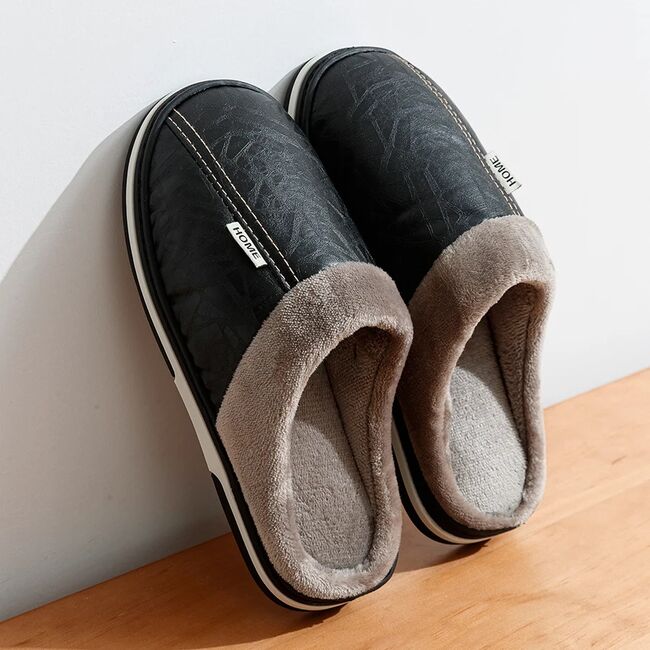 Big Size Winter Casual Men's Slippers Indoor Waterproof PU Leather Home Shoes Fur Flat Warm Fashion Bedroom Houseshoes 975_18137