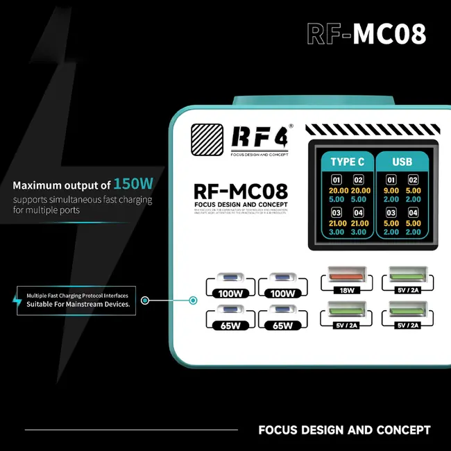 RF4 RF-MC08 150W Full-color Smart LCD Display Multi-Port Charging Station for Mobile Phone / Laptop 1090_19525