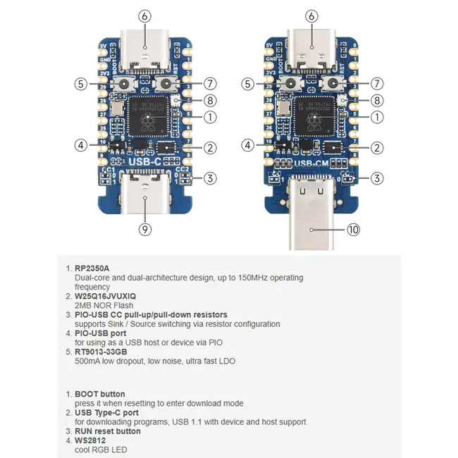 RP2350-USB-C  Mini Development Board with Type-C Port Based on Raspberry Pi RP2350A 1122_19750