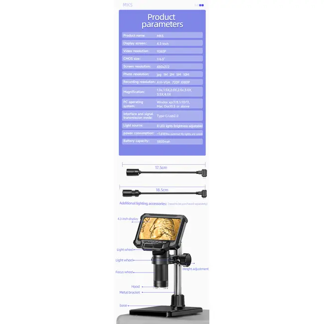 1600X Digital Microscope with 4.3inch IPS Screen Coin Microscope 1080P Video Microscope for Adult Kid Coin Magnifier with 8 LEDs 1048_19241