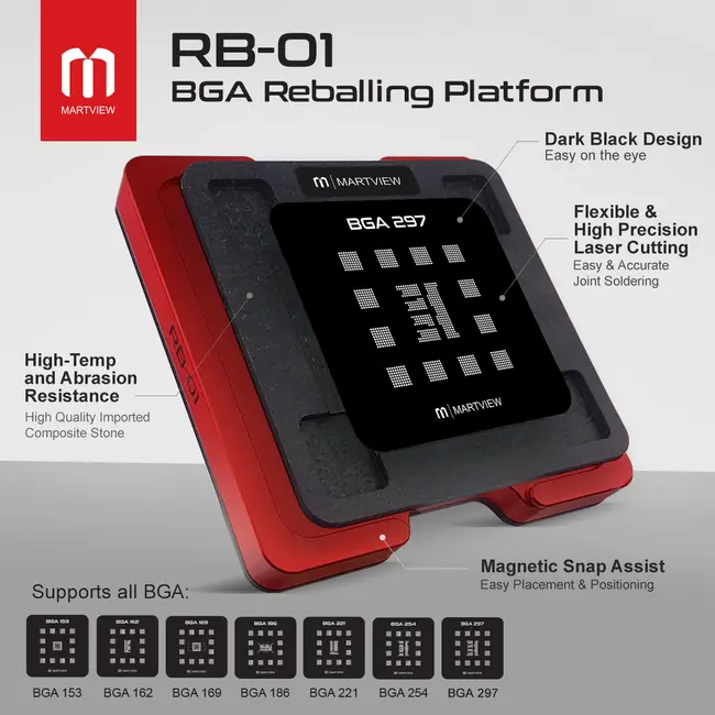 RB-01 Reballing Stencil Tin Net Full Set for EMMC / EMCP / UFS BGA153 / 162 / 169 / 186 / 221 / 254 / 297 With Fixed Plate and Magnetic Base Holder 1025_19069