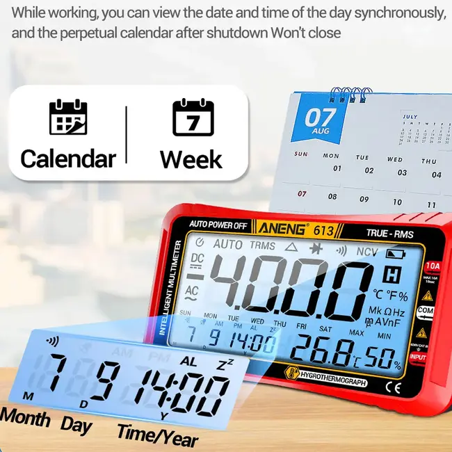 ANENG 613 3 in 1 Perpetual Calendar Temperature Hygrometer 4000 Counts Digital AC / DC Curent Voltage Resistance Smart Multimeter 91_9610
