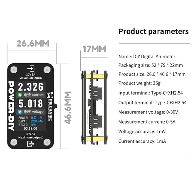 Mechanic Power-DIY 30V / 5A Multifunctional DIY Digital Display Ammeter with Type-C & XH2.54 Power Mode 56_9280